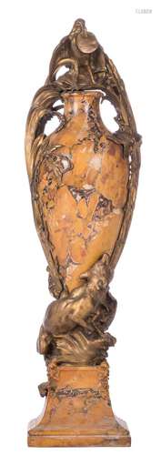 Rombaux E., 'le corbeau et le renard', a Sienna marble vase with gilt bronze mounts, Art Nouveau, H 88 cm