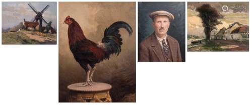 Van Acker F., 'Le coq de combat', oil on canvas, dated 1934 (probably owned by Mr. Pollentier - contractor - Torhout), 63 x 81,5 cm; added Bonny V., probably the portrait of Mr. Pollentier - contractor - Torhout (see postcard), oil on canvas, dated 1929, 39 x 48,5 cm; Van Acker F., 'Molenweg n°13, Heijst', oil on canvas, dated 1928, 35 x 45 cm; Van Acker F., 'Café Sportwereld', oil on panel, 42 x 52 cm