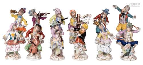 'The Monkey Band', after the Meissen models by J.J. Kaendler, a twelve-piece set marked Dresden, H 13,5 - 15,5 cm