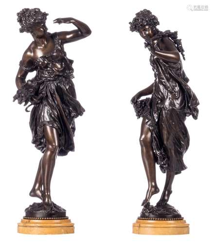 Moreau M., two bronze figures on a marble base, depicting the summer and the autumn, H 54 cm