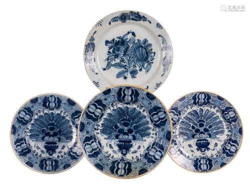 Three Dutch Delftware blue and white decorated dishes, two marked 'De Clauw', 18thC, Diameter 31 - 34 cm (one with restoration); added a Dutch Delftware dish with blue decoration, 18thC, Diameter 34 cm