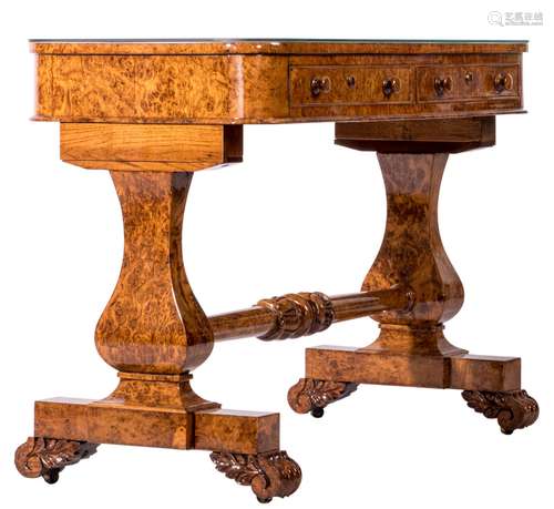 An Edwardian sofa table, burl veneered, marked T. Fellaws, H 79 - W 108 - D 53 cm