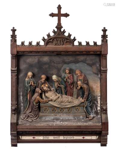 A complete 14-stations Gothic Revival Way of the Cross in polychrome painted gypse, first quarter of the 20thC, H 144 - W 93 - D 14 cm (piece)