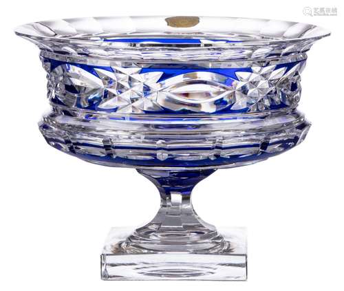 A blue overlay Val Saint-Lambert crystal cut bowl, signed P.U., H 23 - Diameter 30,5 cm