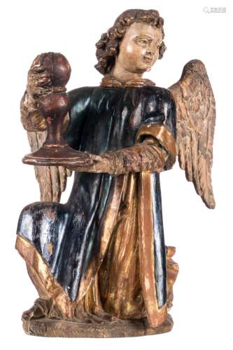 A kneeling angel, polychrome painted carved wood, 17thC, H 45,5 cm