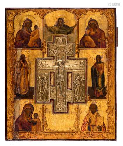 A special Eastern European icon with inlaid an orthodox gilt bronze cross, 19thC, 26 x 31 cm