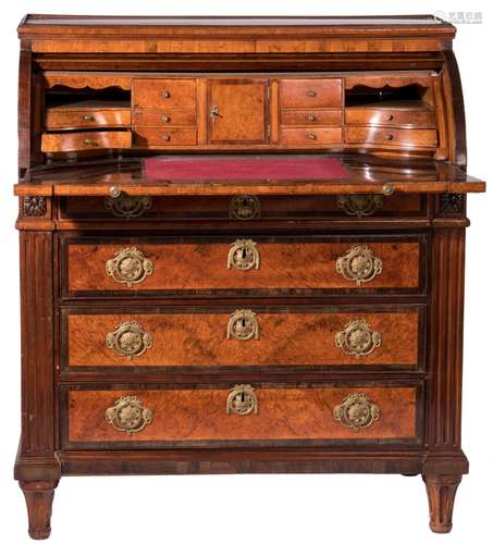 An 18thC neoclassical Dutch cylinder bureau, mahogany, rosewood and burl veneered, H 120 - W 105 - D 53 cm