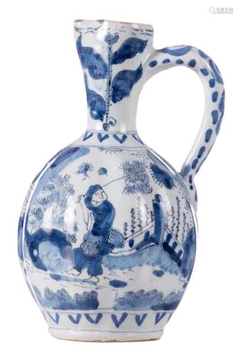 A 17thC blue and white Delft jug with chinoiserie decor, H 22 cm