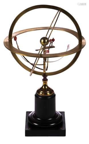 A brass armillary sphere on an ebonised wooden base, 19thC, H 65 cm (no visible factory marks)