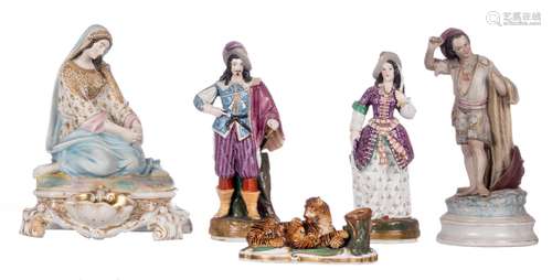 Five groups in 19thC French polychrome decorated porcelain/biscuit, H 7,5 - 28 cm (damage)