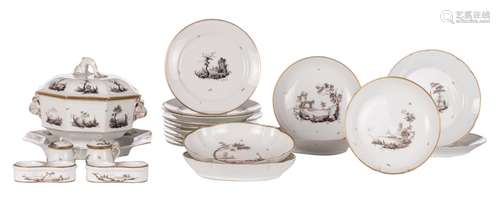 Various porcelain grisaille painted dinnerware (plates, terrine, ...), mid 18thC, possibly German, 22 pieces in total, some marked in iron-red upper glaze T. with serial number