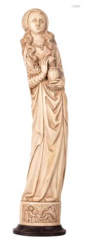 Saint Mary Magdalene, ivory on an wooden base, probably workshop Heckman Paris, early 20thC, H 73 (without base) - 76 cm (with base) - Total weight about 9700g