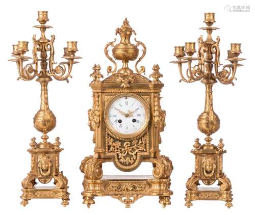 A Renaissance revival gilt bronze three-piece garniture, H 51,5 - 52,5 cm