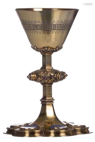 A silver Gothic revival chalice, decorated with six champlevé medaillons depicting the four Evangelists, Our Lady of Sorrows and Christ and with cabochon cut precious stones, derived from the monastery of Our Lady of Sorrows Wielsbeke, signed J. Van Damme, H 21,5 cm - Total weight: 739g