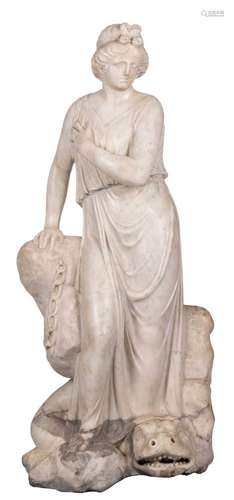 Unsigned, a Carrara marble statue after the antiques depicting a woman, originated from a fountain, H 137 cm