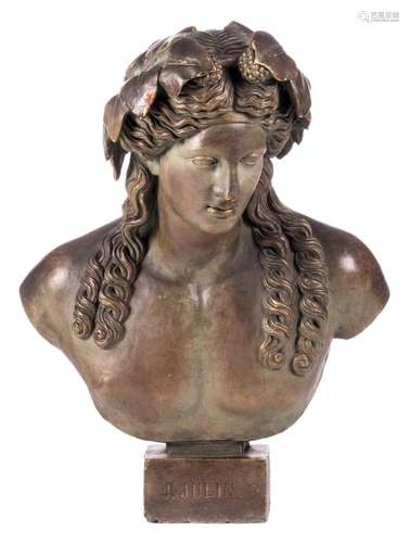 Julin J., a bronze patinated terracotta buste of Dionysus, 19thC, H 72 cm