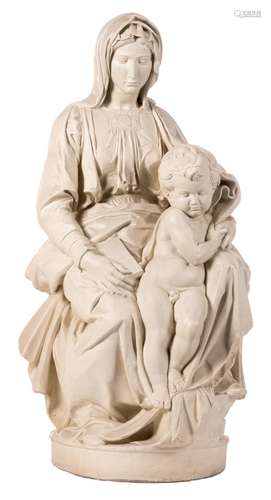 A painted plaster Our Lady and child, after Michelangelo, presumably production of the Pickery studio - Bruges, H 128 cm