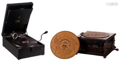 A portable gramophone 'His Master's Voice', from Maison G. Van Reet - Bruxelles, H 15 - W 41 - D 28,5 cm; added an Ariston organette with accompanying plates, H 22,5 - W 40,5 - D 40,5 cm