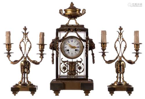 A bronze Renaissance revival three-piece garniture, the dial marked 'Brussels', H 33 - 46 cm