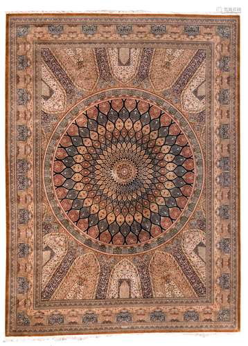 A large Persian silk rug with central medaillon and floral motifs, marked, 297,5 x 401 cm