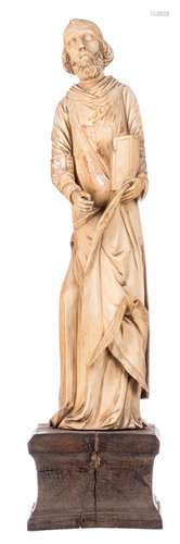 A patinated ivory statue of a Saint on a wooden base, 19thC, H 52,5 (without base) - 64,5 cm (with base) - Total weight about 6500g