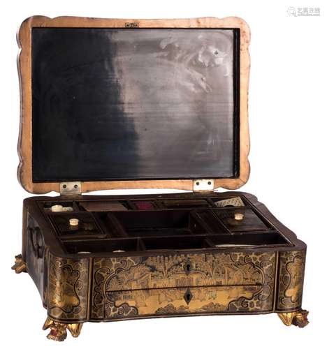 A Historism lacquer sewing box with chinoiserie decor, the inside with subdivisions, and with bone hand tools, H 15,5 - W 40 - D 29,5 cm