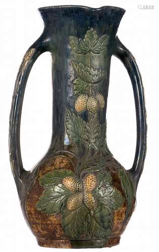 A typical Flemish earthenware vase in the Arts and Crafts manner, marked LMDT (Leo Maes-Decock - Torhout), H 51 cm