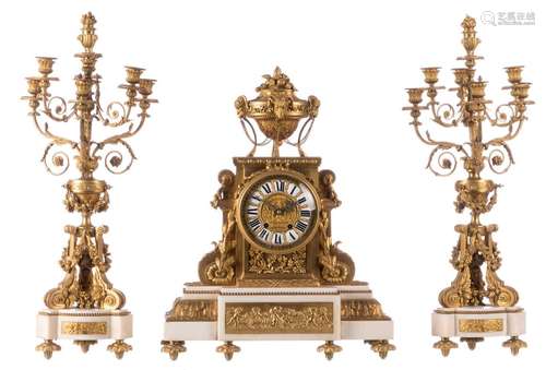 A gilt bronze Neoclassical three-piece garniture, white Carrara marble base, the work marked 'J. Garrier Rue de la Platière 20 Lyon ', H 65 - 75 cm