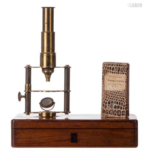 A travel microscope in a cherrywood box, with various accompanying samples, second half of the 19thC, H 29 - W 26,5 - D 15 cm