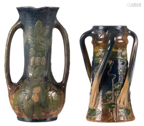 Two typical Flemish earthenware decorative vases in the Arts and Crafts manner, one marked Maes-Platteau Torhout and one marked Leo Maes-Decock - Torhout, H 41 - 50 cm (damage)