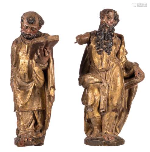 Two polychrome painted and gilt limewood sculptures, depicting Evangelists, probably German, 17thC, H 40 cm