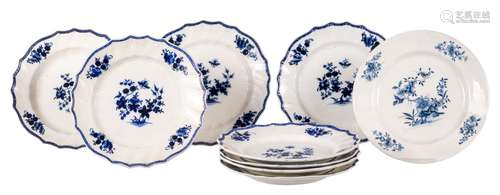 A set of eight Tournai soft paste porcelain plates, model Ozier, blue and white decor à la mouche, 19thC, Diameter 24 cm (one plate with chip); added a ditto plate, late 18thC, blue and white decorated and marked Tournai, Diameter 23,5 cm