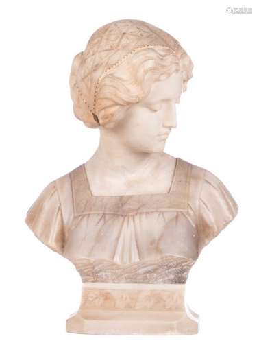 Bessi G., a bust of a girl, marble and alabaster, beginning of the 20thC, H 47 cm