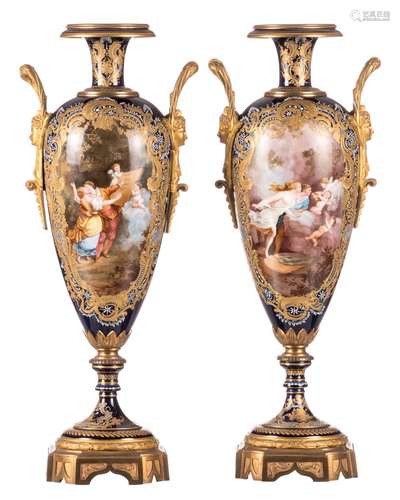 A pair of Sèvres vases with gold-layered bleu royal ground, decorated with romantic scenes and gilt bronze mounts, signed and marked, H 62 cm (covers missing)