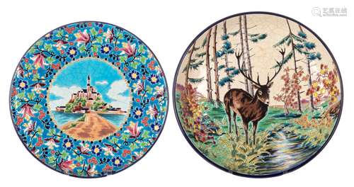 Two decorative dishes in polychrome enamelled faience de Longwy, Diameter 35 cm