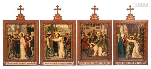 A complete 14-piece Gothic revival Way of the Cross, oil on copper, 32,5 x 43,5 (painting) - 43,5 x 75 cm (frame)