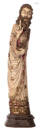 Saint Peter, polychrome decorated ivory on a wooden Gothic revival base, probably workshop Heckman Paris, early 20thC, H 66 (without base) - 73 cm (with base) - Total weight about 7400g