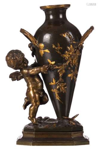 Moreau A., a vase held by an Amor, patinated and gilt bronze, H 18 cm