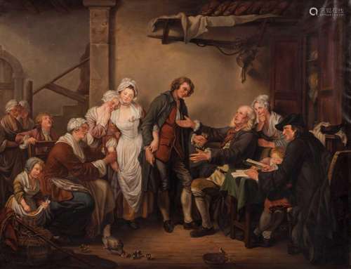 Monogram A.M., the engagement, oil on canvas, 19thC, copy of an 18thC work, 90 x 115 cm