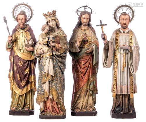 Four polychrome painted gypse statues depicting Saints, H 130 - 139 cm