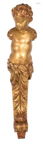 A gilt wood caryatid in the form of a putto debouching into a volute with acanthus leaf, H 85 cm