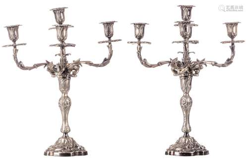 An imposing pair of plated nickle silver candelabras, O. Wiskemann production, H 52 cm