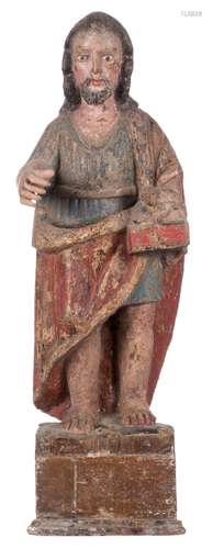 An 18thC polychrome painted wooden Saint with a book and a lamb, Southern Europe, H 68 cm