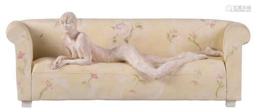 Verduyn J., a lying naked lady on a sofa, polychrome terracotta, with an accompanying plexi box, H 15 - B 45 cm