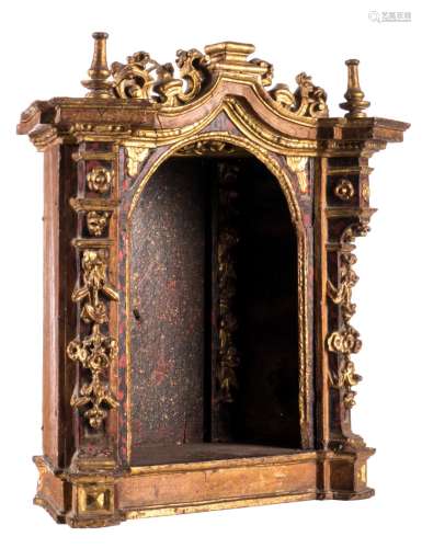 A polychrome painted and gilt wood niche, 17thC, H 41 - W 41 cm