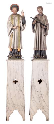 Two polychrome painted wooden sculptures depicting Saints, late 19thC, on their matching bases decorated with painted marble imitation, H 83 - 87 cm (without base) / 183 - 187 cm (with base)