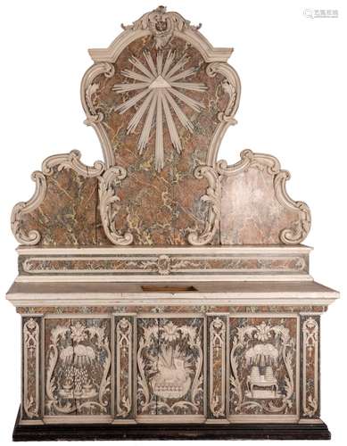 A polychrome and marble imitation painted wooden altar, 18thC, H 307 - W 221 - D 103,5 cm