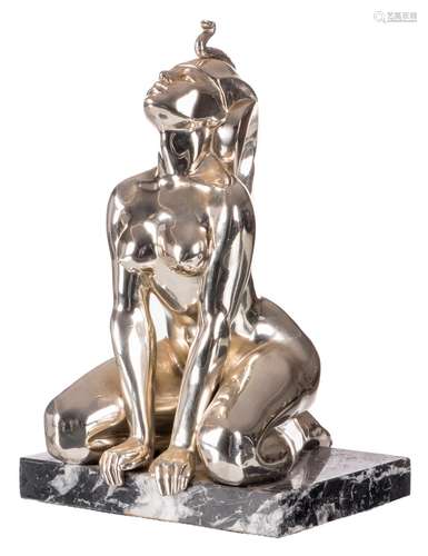 Illegibly signed, a silver plated kneeling Egyptian nymph, on a grey marble base, H 33 cm