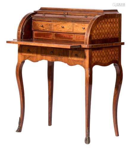 A French transition style mahogany veneered and marquetry ladies bonheur du jour, H 100 - W 77 - D 48 cm