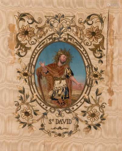 H. David, a painted portrait with embroidery and gold embroidery, a moiré silk embroidered cartouche, first half of the 19thC, in a period frame, 36 x 45 cm (damage)